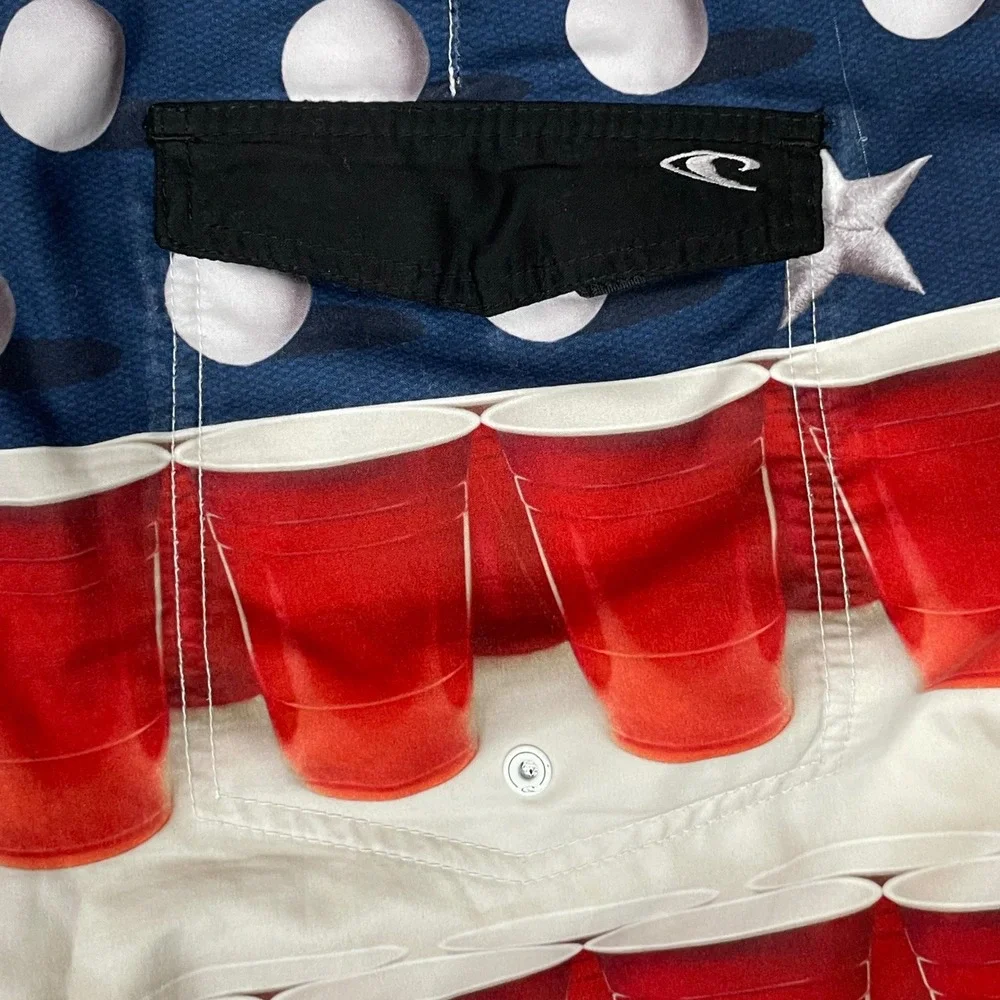 O'Neill Board Shorts Mens 38 Red Blue Solo Cup Beer Pong‎ Flag Patriotic Frat